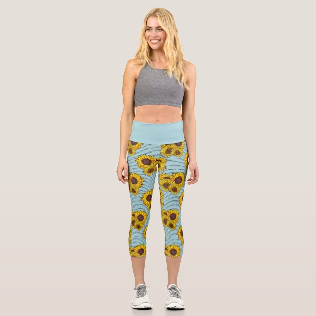 Blau mit hellgelben Wasserfarben Sonnenblumen Capri Leggings (Vorderseite)