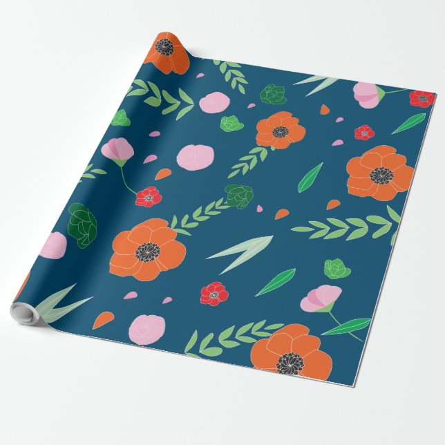 Blau mit lebendigem Blumenmuster Geschenkpapier (Ungerollt)