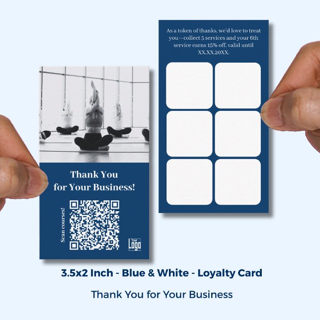Blau mit Logo & QR - Fitnessstudio Danke Treuekarte (Blue with Logo & QR - Gym Thank You Loyalty Card; Size: 3.5x2 Inch)