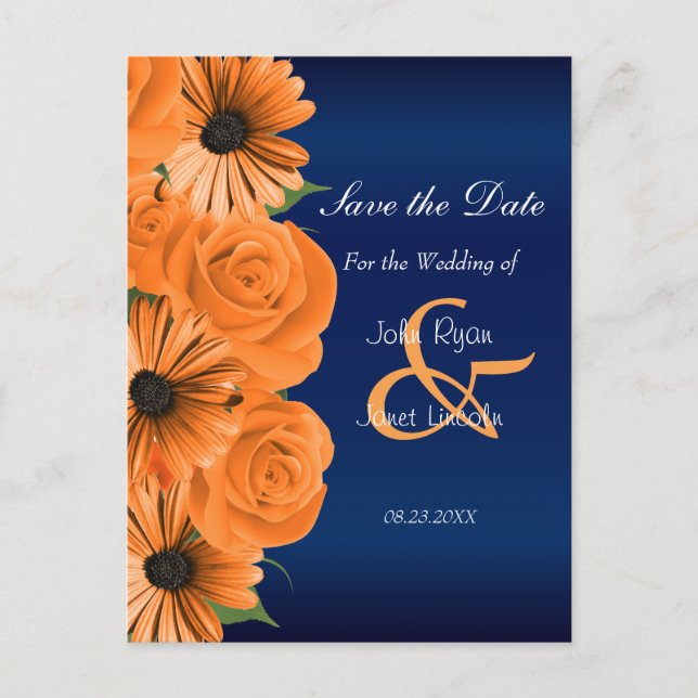 Blau mit Orange Rose & Daisy - Save the Date Ankündigungspostkarte (Vorderseite)