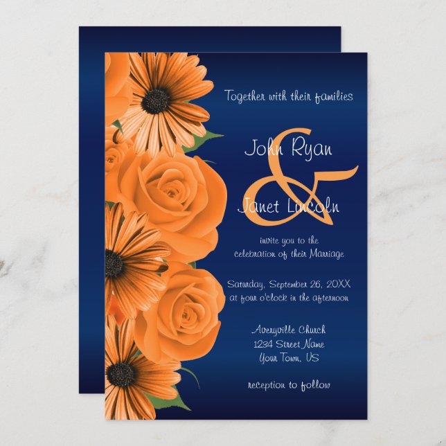 Blau mit Orange Rose & Daisy Wedding Einladungen (Vorne/Hinten)