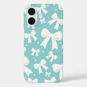 Blau mit Perlen und weißen Schleifen Coquette iPhone 16 Hülle