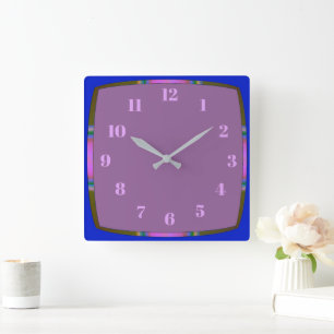 Blau mit Rainbow Border und Mauve Center Quadratische Wanduhr