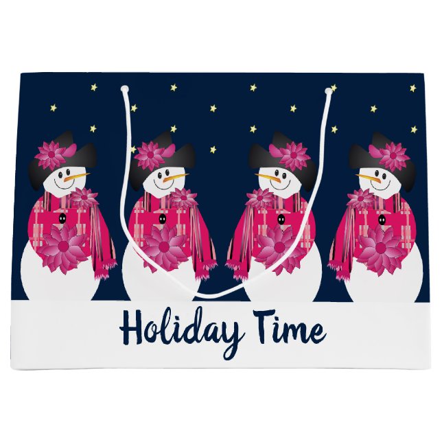 Blau mit rosa Schneemann Große Geschenktüte (Vorderseite)
