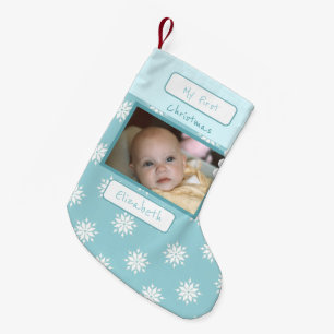Blau mit Schneeflocken Foto und Name Baby zuerst Kleiner Weihnachtsstrumpf