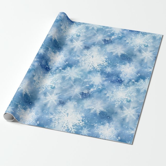 Blau mit Schneeflocken Wasserfarbenstil Geschenkpapier (Ungerollt)