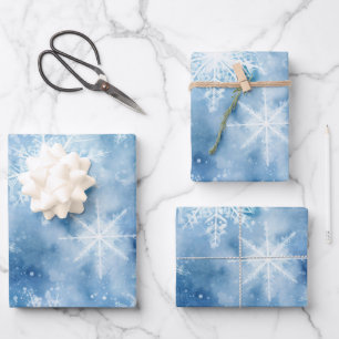Blau mit Schneeflocken Wasserfarbenstil Geschenkpapier Set