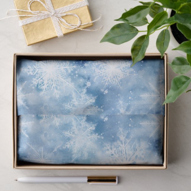Blau mit Schneeflocken Wasserfarbenstil Seidenpapier (Geschenk)