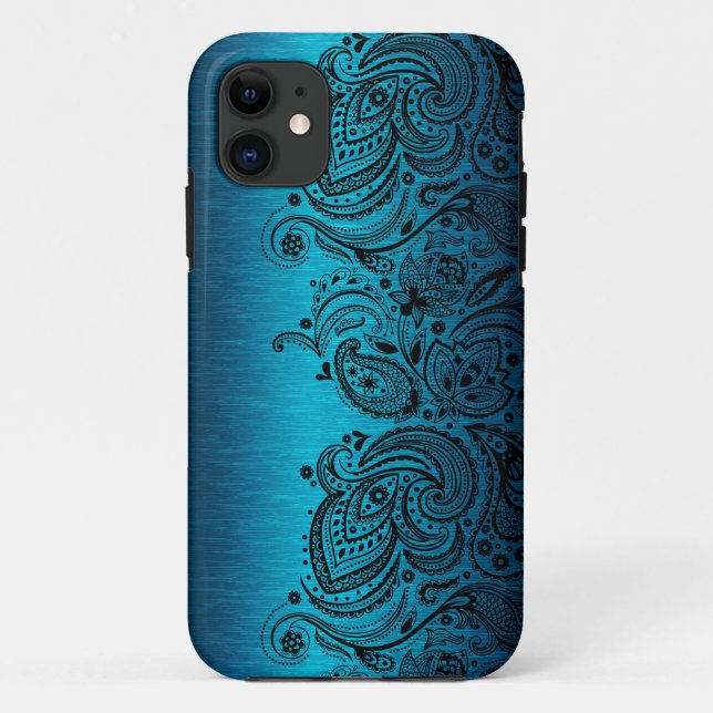 Blau mit schwarzer Paisley-Spitze Case-Mate iPhone Hülle (Rückseite)