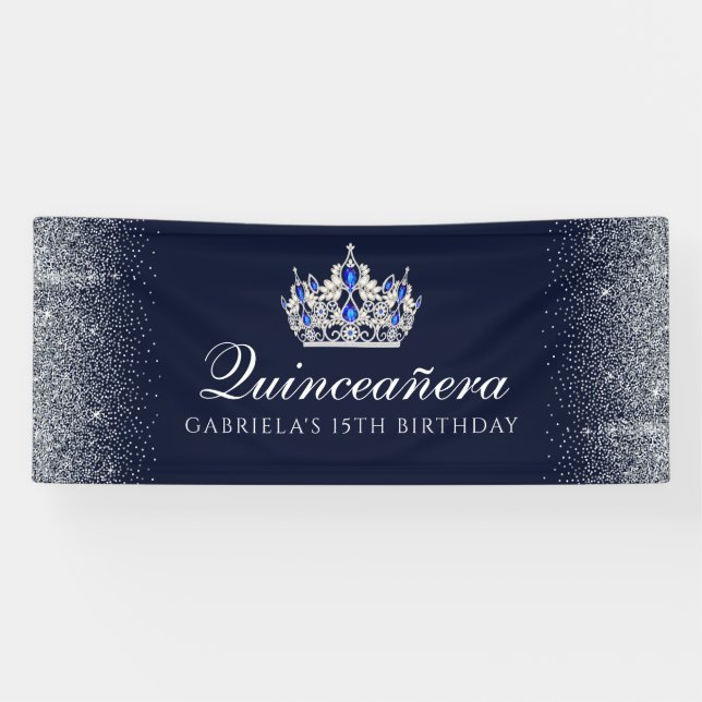 Blau mit Silver Glitzer Quinceanera Banner (Horizontal)