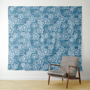 blau mit Weiß, blau, Blume, blumig, rustikal, fa Wandteppich