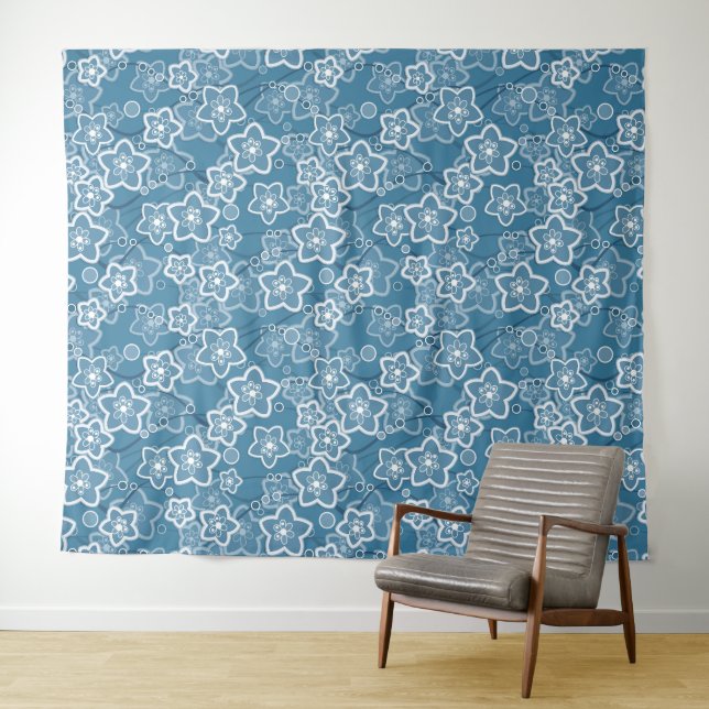 blau mit Weiß, blau, Blume, blumig, rustikal, fa Wandteppich (Beispiel (Horizontal))