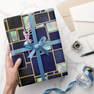 Blau   Modernes Imitat Glitzer & Opal Wrapping Pap Geschenkpapier