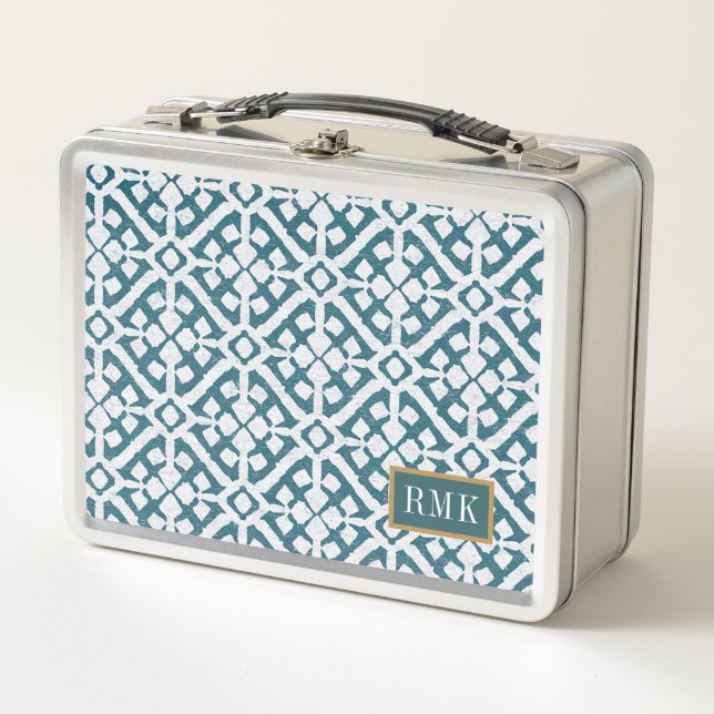 Blau-Muster des Monogramm-| Amadora Metall Lunch Box (Vorderseite)