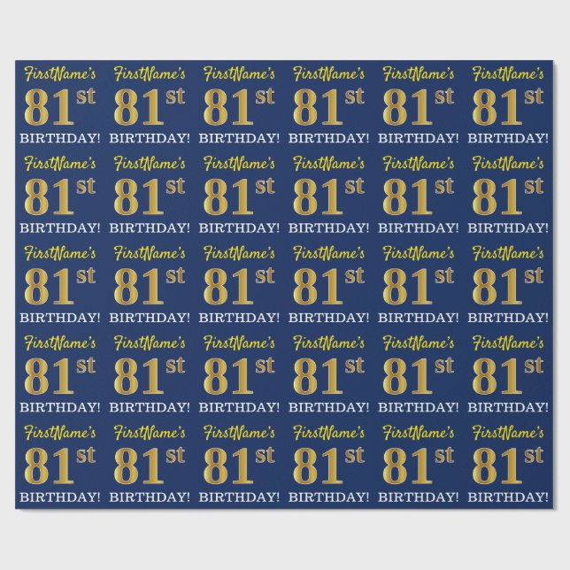Blau, Nachahmungs-Gold-Look "81. GEBURTSTAG" Geschenkpapier (Flach)