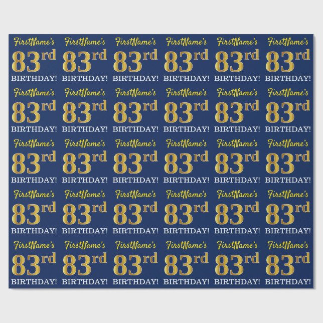 Blau, Nachahmungs-Gold-Look "83. BIRTHDAY" Geschenkpapier (Flach)