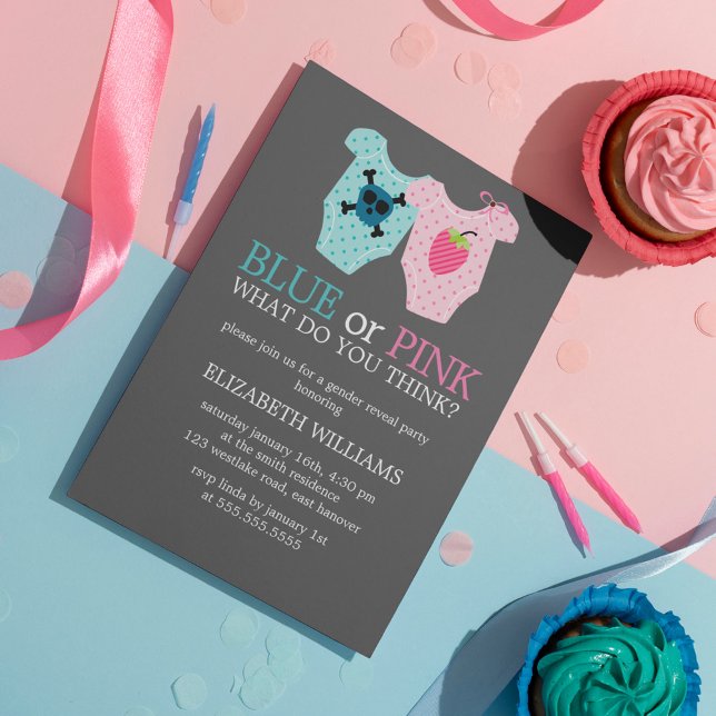Blau oder rosa? Baby Outfits Gender Reveal Party Einladung (Von Creator hochgeladen)