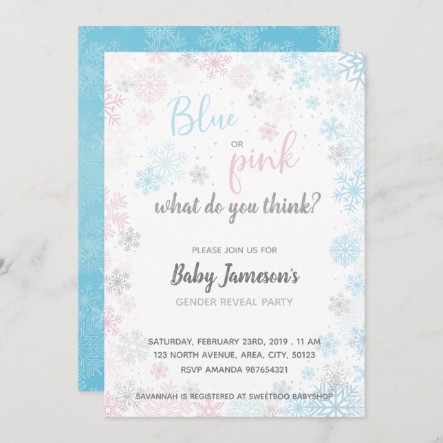 Blau oder Rosa | Frozen Gender Reveal Baby Shower Einladung (Vorne/Hinten)