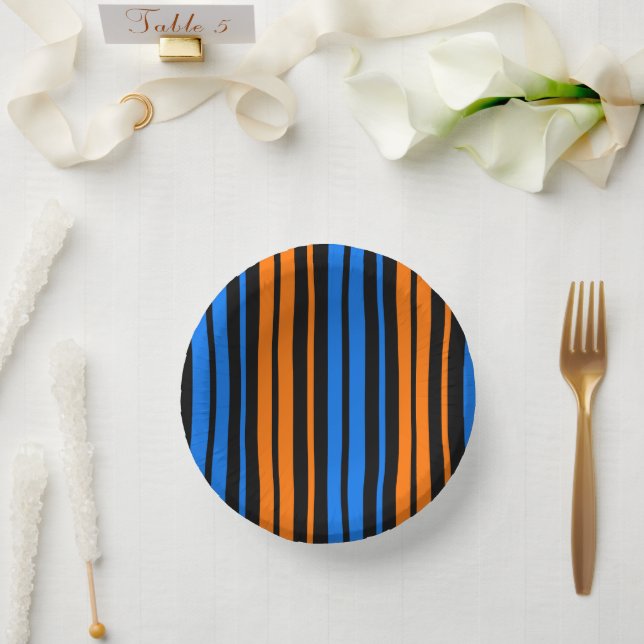 Blau Orange Blau Vertikale Streifen Design  Pappteller (Hochzeit)