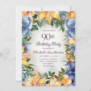 Blau Orange Blumen 90. Geburtstag Einladung