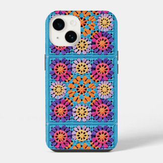Blau-orange-gelbe Farbtupfer Granny Square Crochet iPhone 14 Hülle