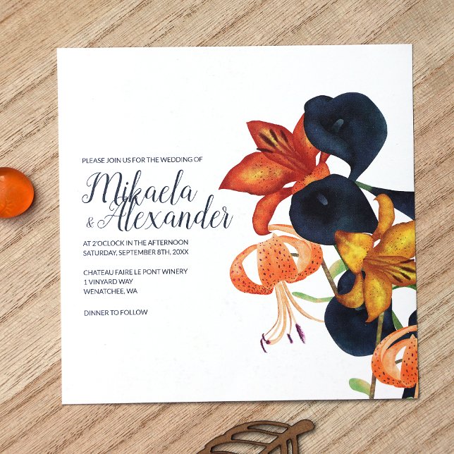Blau, Orange, Lilien, Hochzeit im Herbst Einladung (Unique Fall Floral Wedding Invitations, Orange Tiger Lilies and Navy Blue Calla Lilies)