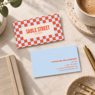 Blau Orange Retro Schachbrettmuster Fett Kreative  Visitenkarte