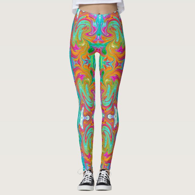 Blau, orange und scharf rosa Groovy Abstrakt Retro Leggings (Vorderseite)