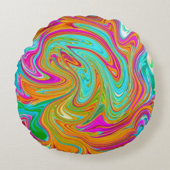 Blau, orange und scharf rosa Groovy Abstrakt Retro Rundes Kissen (Vorderseite)