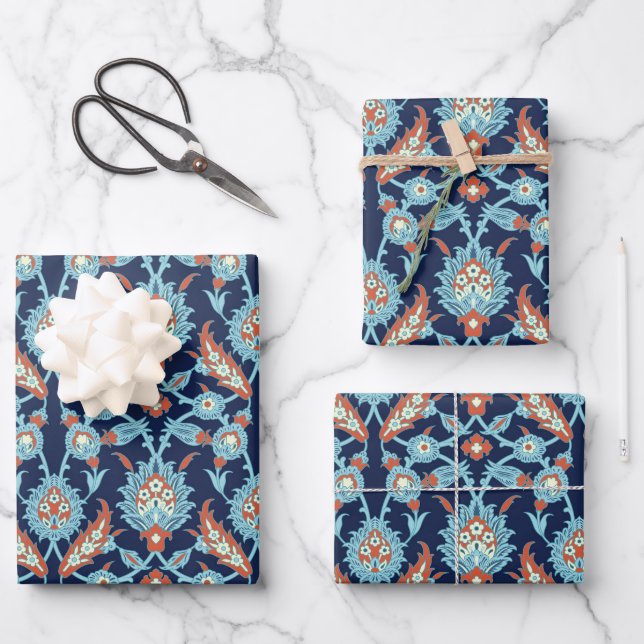 Blau Orange Weiß Türkisches Orientalisches Blumenm Geschenkpapier Set (Vorderseite)
