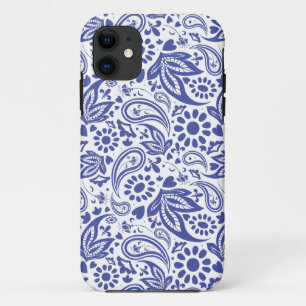 Blau-Paisley-Blume und Herzmuster auf Weiß Case-Mate iPhone Hülle