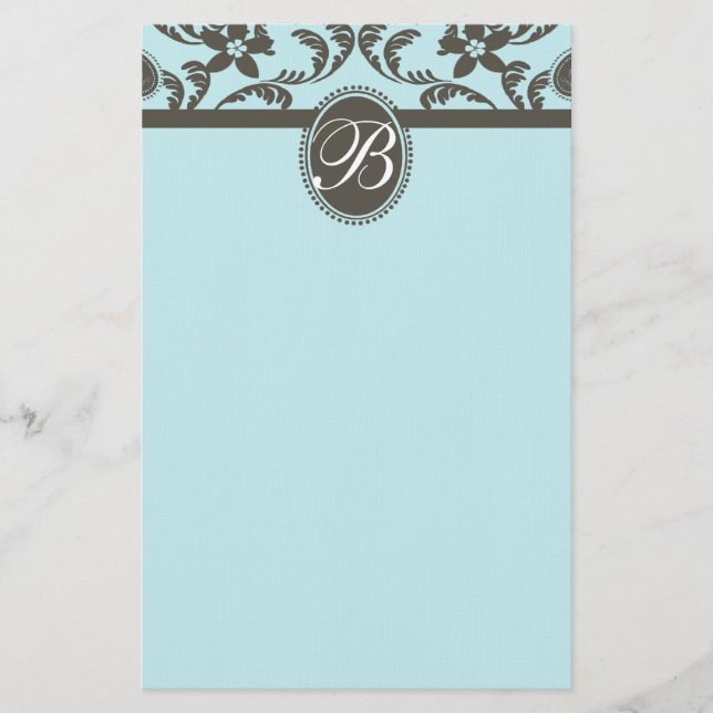 Blau-Paisley-Floral-Monogramm Briefpapier (Vorderseite)