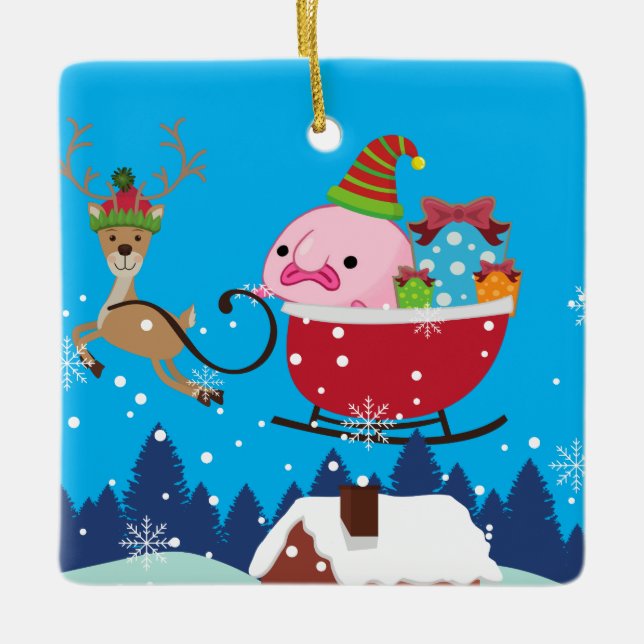 Blau Personalisierter Santa Blobfish Keramikornament (Vorderseite)