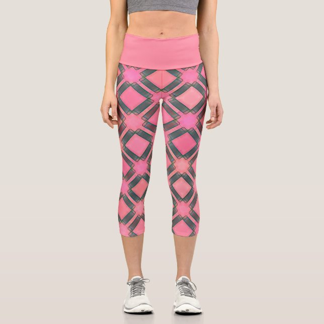 Blau Pink Diamond Geometric Stilvolles Muster Capri Leggings (Vorderseite)