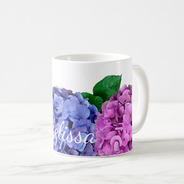 Blau-Pink-Hydrangea-Blume Personalisiert Kaffeetasse (VorderseiteRechts)