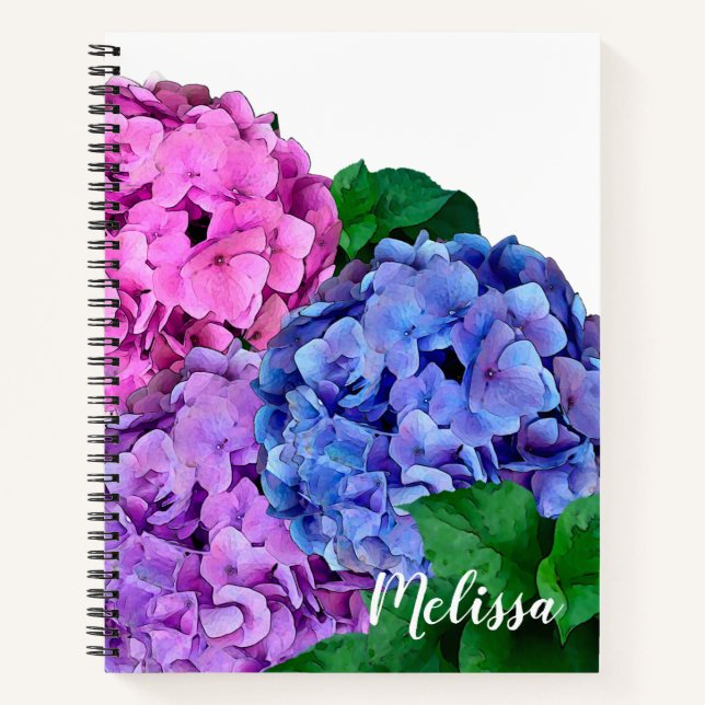 Blau-Pink-Hydrangea-Blume Personalisiert Notizbuch (Vorderseite)