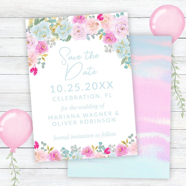 Blau-Pink-Pfirsich Save the Date Lila Einladung (Von Creator hochgeladen)