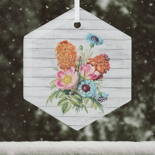 Blau Pink und Orange Bouquet auf weißem Imitat Ho Ornament Aus Glas