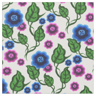 Blau/rosa Blume/grüne Blätter/Folkblume Stoff