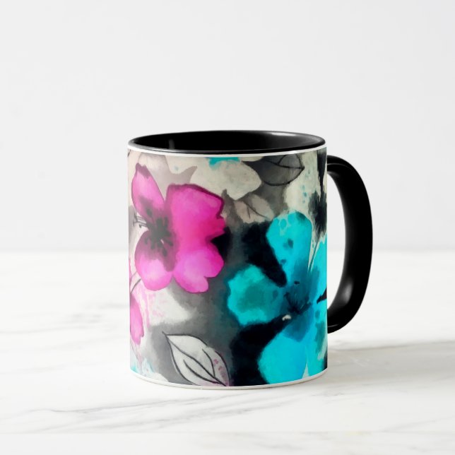 Blau-Rosa-Blume Tasse (VorderseiteRechts)