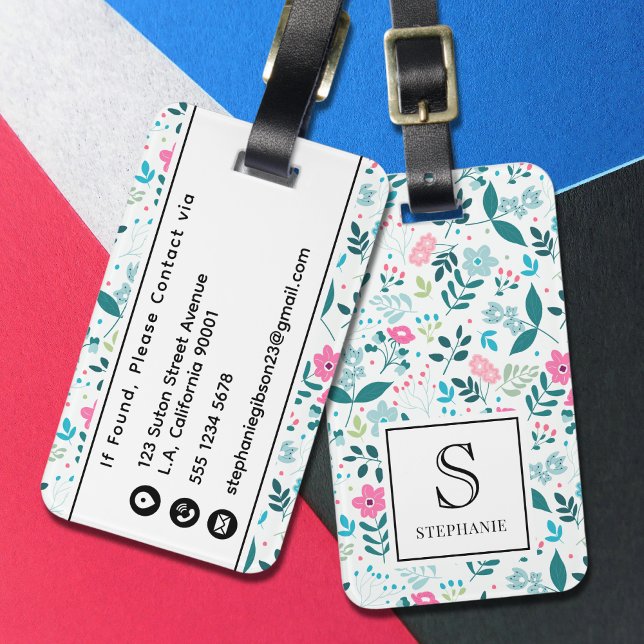 Blau-rosa Blumenmuster mit Monogramm-Namen Gepäckanhänger (Von Creator hochgeladen)