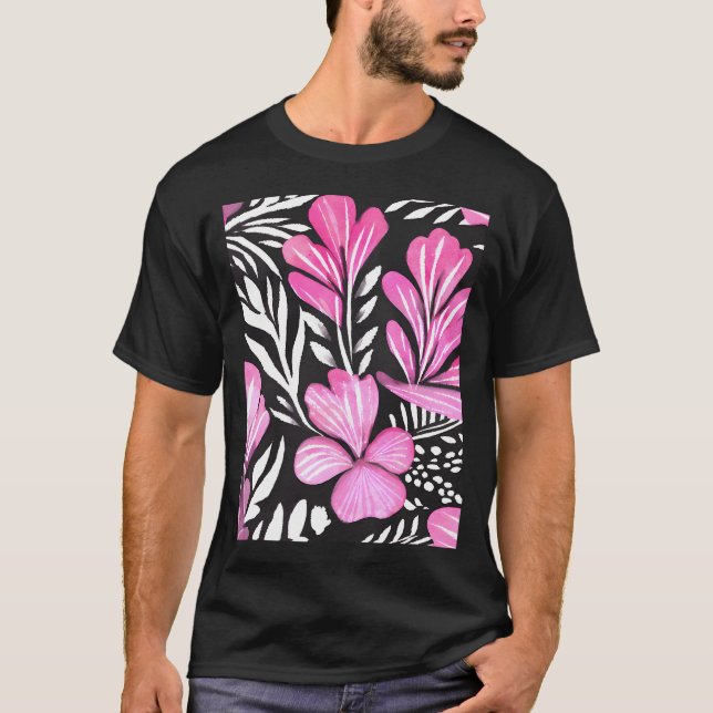 Blau-rosa, florfarbenes Muster mit schwarzen Farbt T-Shirt (Vorderseite)