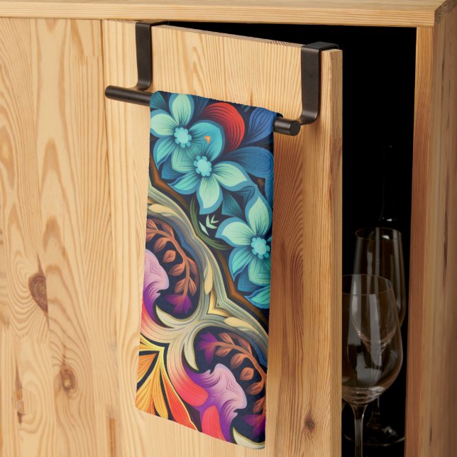 Blau-Rosa-Gelbe Blumen Geschirrtuch (Drittel gefaltet)