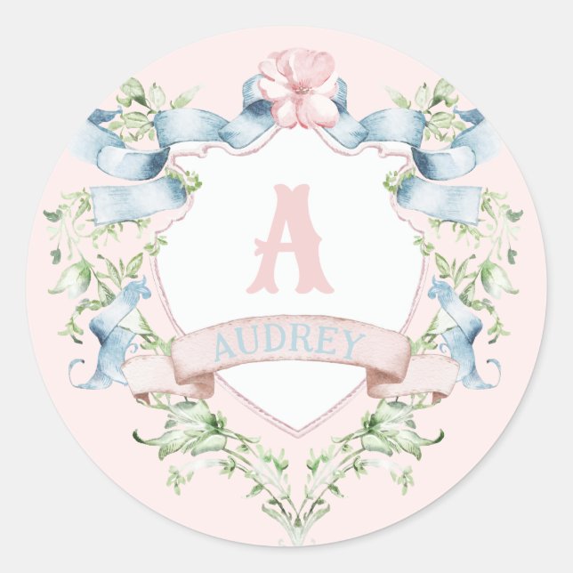 Blau-rosa Grandmillennial Ribbon-Wappen Runder Aufkleber (Vorderseite)