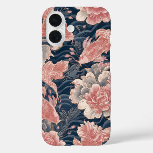 Blau Rosa Koi Chinoiserie Blumenmuster iPhone 16 Hülle