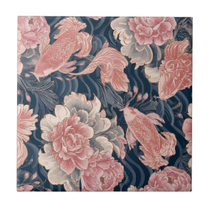 Blau Rosa Koi Chinoiserie Blumenmuster Fliese