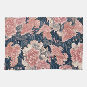 Blau Rosa Koi Chinoiserie Blumenmuster Geschirrtuch