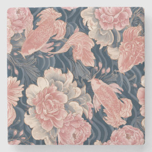 Blau Rosa Koi Chinoiserie Blumenmuster Steinuntersetzer