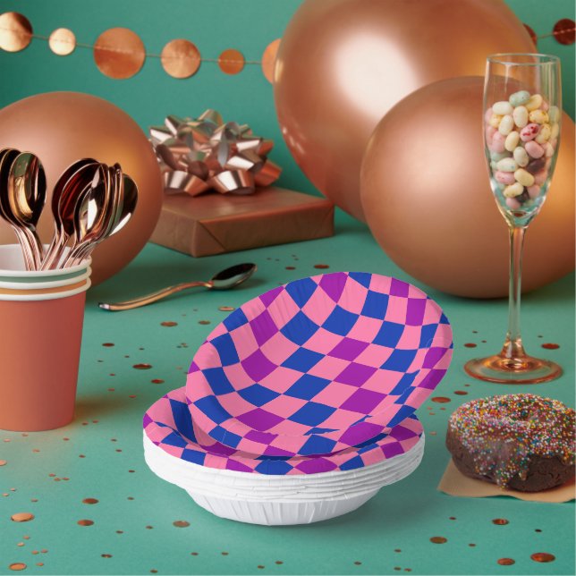 Blau Rosa Lila Karomuster Design  Pappteller (Multi)