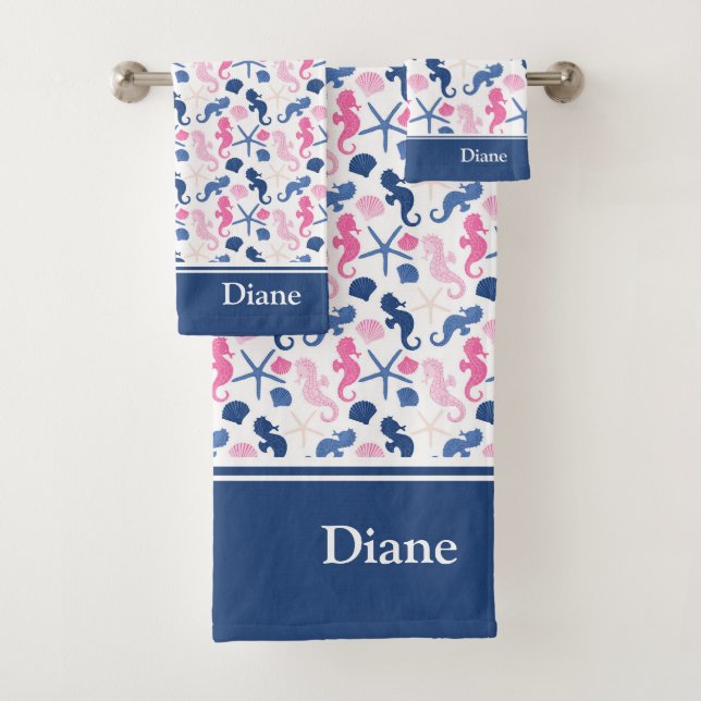 Blau-Rosa-Ozean-Muster mit Namen Badhandtuch Set (Insitu)